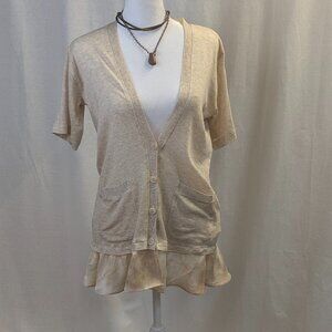 Clu Size Small BeigeTencel Cardigan Style Top With Ruffled 100% Silk Hem